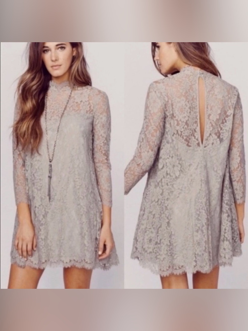 Show Me Your MuMu Grey Lace High-Neck Long Sleeve A-Line Dress